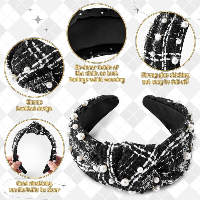 PANTIDE Pearl Jeweled Knotted Headband - Classics Black White Buffalo Lattice Cropped Tweed Pearl Embellished Headband Wide Top Knot Hairband Accessories Birthday Gift for Women Girl (Black Plaid) - Image 3